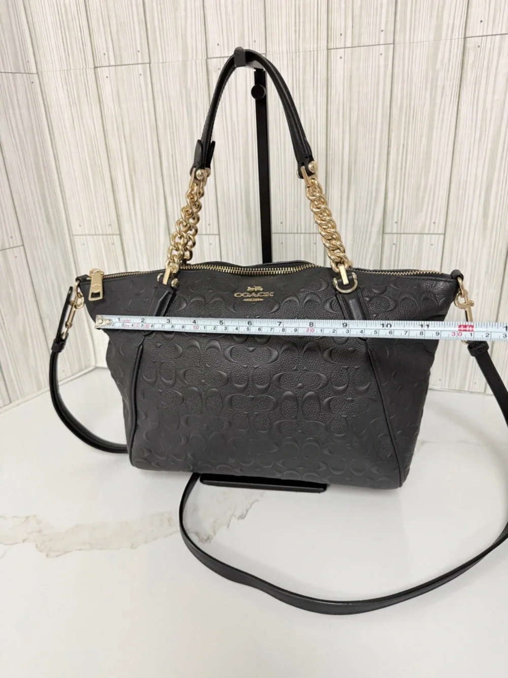Coach Black Signature Debossed Leather Tote Chain Strap Crossbody Bag - Picture 8 of 16